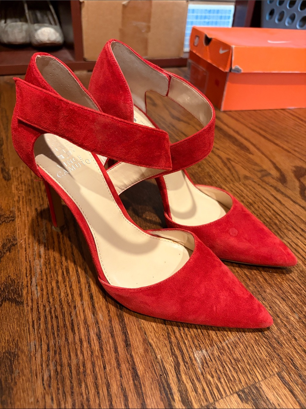Vince Camuto Red Suede Pointed Ankle-Strap Pumps